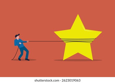 Businessman pulling a star. concept of Achievement, business idea, putting thoughts, rating and innovation