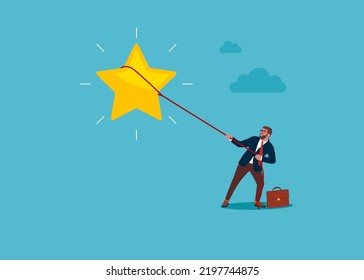 Businessman pulling the star. Concept business vector, Lassoing, Working, Achievement. Vector illustration.