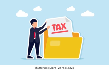 Hombre de negocios que saca el documento de impuestos de la carpeta ilustración de la cantidad de impuestos comerciales de la empresa de comprobación
