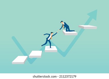 Businessman pulling team partner up the stairs, growing up, cheering people, teamwork support, Vector illustration design concept in flat style
