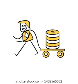 businessman pulling trolley with stack of money,finance concept stick figure design