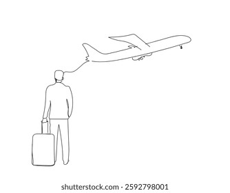 Businessman pulling trolley suitcase, walking at airport in concept of business travel concept. Outline, thin line art, linear, doodle, cartoon, hand drawn sketch design. Hand made vector not Al