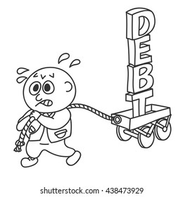 Businessman Pulling A Wagon With Text Debt. Tired Exhausted Man Pulling Wagon With The Word Debt. Vector Illustration