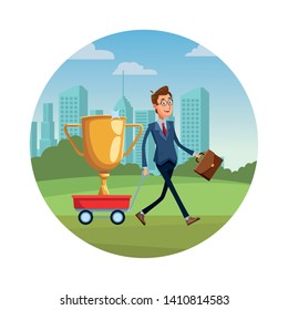 businessman pulling a wagon with a trophy and carrying briefcase in round icon on the grass with cityscape 