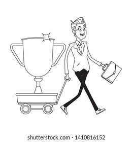 businessman pulling a wagon with a trophy and carrying briefcase black and white vector illustration graphic design
