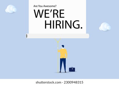 Businessman pulling white curtain with the text we are hiring. Business recruiting design concept.