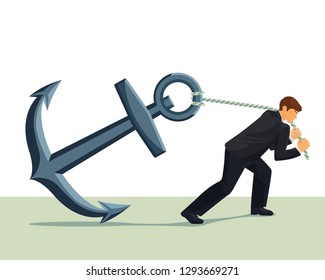 Businessman pulls an anchor overcoming difficulties. Symbol of success, opportunity or overcoming and courage. Vector