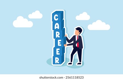 A businessman pulls a block labeled E from a stack of blocks spelling CAREER, illustration of analyzing and evaluating business career performance