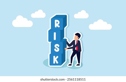 A businessman pulls a block labeled S from a stack of blocks spelling RISK, illustration of final review and assessment of business risk mitigation