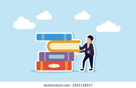 A businessman pulls a book from a stack of books, illustration of a final review of completed business project reports