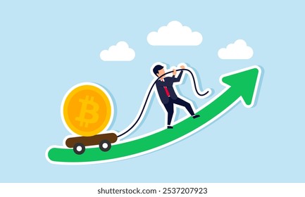 A businessman pulls a cart loaded with bitcoin up a rising green graph, illustration of effort and hard work to grow bitcoin investments