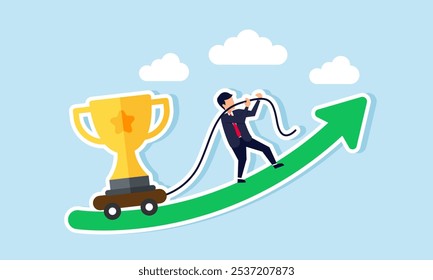 A businessman pulls a cart with a trophy up a rising green graph, illustration of effort and hard work in business to excel and be the best in the field