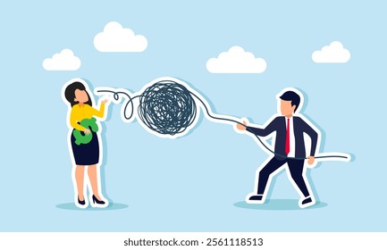 A businessman pulls chaotic elements out of a businesswoman’s mouth holding a dollar sign, illustration of receiving useless financial input