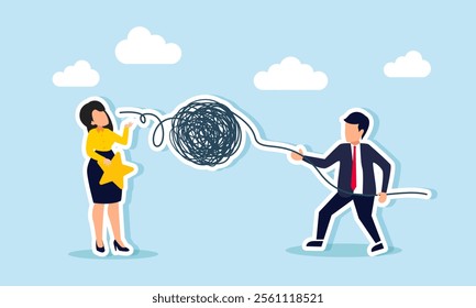 A businessman pulls chaotic elements out of a businesswoman’s mouth holding a star, illustration of receiving useless input on improving business ratings and quality