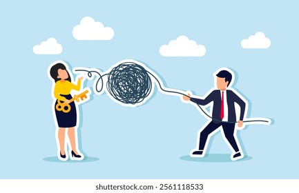 A businessman pulls chaotic elements out of a businesswoman’s mouth holding a key, illustration of receiving useless input on business problem solutions