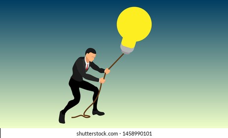 a businessman pulls a giant light bulb using a rope. interesting illustrations of ideas so that they don't escape. get a brilliant idea.