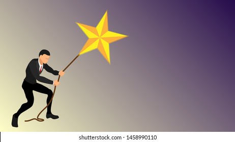 a businessman pulls a giant star using a rope. illustration of getting a symbol of achievement stars. success will. - Shutterstock ID 1458990110