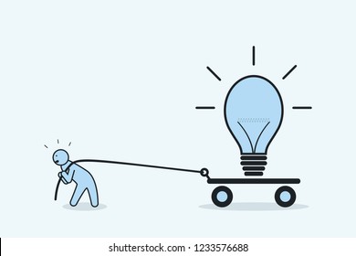 Businessman Pulls Light Bulb On Cart. The Concept Of Perseverance And Promotion Of Idea. Vector Illustration.