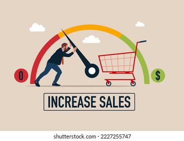 Businessman pulls to maximum position progress bar with shopping basket. Increasing sales increase make business grow. Flat modern vector illustration