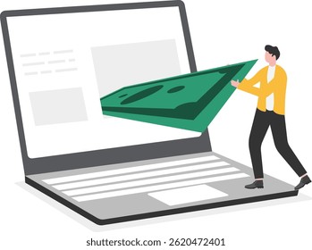 Businessman pulls money out of the computer screen

