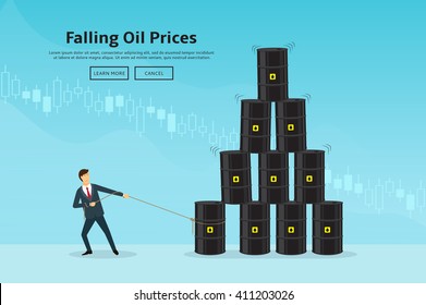 Businessman pulls the oil barrel. Concept of web banner with financial chart. Vector illustration of industry in the form of a pyramid.