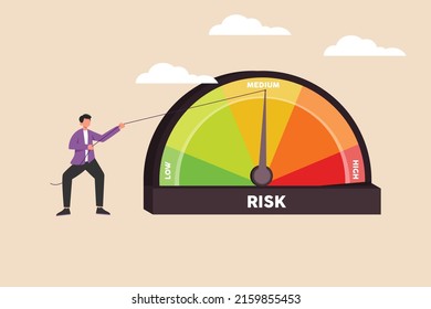 el hombre de negocios lanza la aguja del velocímetro de riesgo con una cuerda, por lo que el riesgo es bajo. Gestión de riesgos. Ilustración vectorial plana aislada.