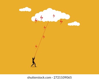 businessman pulls a rope to attract lightning and clouds