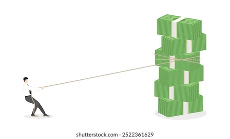A businessman pulls a rope to money stack for grab banknotes. Challenge of job, business competition, hard working for position, company employee, salary growth, finance, and successful occupation.
