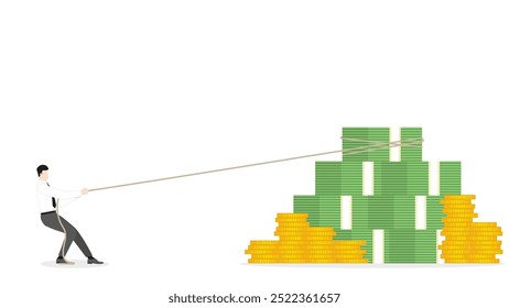 A businessman pulls a rope to money stack for grab banknotes. Challenge of job, business competition, hard working for position, company employee, salary growth, finance, and successful occupation.