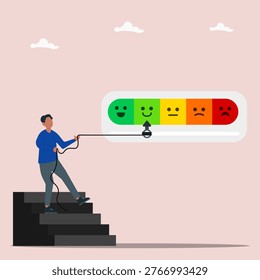 Businessman pulls rope to raise the needle of the smile emoticon on the scale bar. Feedback rating, experience evaluation, and service quality measurement concept.
