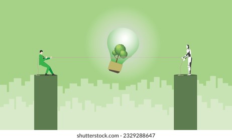 Un hombre de negocios tira una cuerda por un árbol grande bombilla. Idea completa de AI ESG, Energía verde renovable, Política ambiental, Emisión cero neta, Reducción de la huella de carbono, Concepto sostenible y respetuoso con el medio ambiente