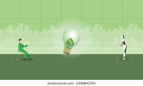 A businessman pulls rope for a tree big lightbulb. AI ESG idea complete, Renewable green energy, Environmental policy, Net zero emission, Carbon footprint reduction, Sustainable, Eco-friendly concept