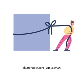 Businessman pulls a stone block behind him. Difficult task and effort to fulfill business plans and achieve goal, flat vector illustration isolated on white background.