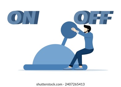 businessman pulls the switch as hard as he can to turn it on, paradigm shift or change of status for the better, starting or initiating a business, concept of arrangement or preference, smart.