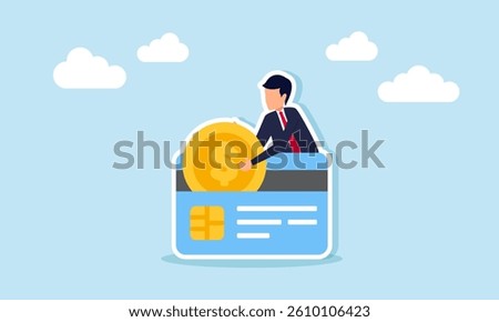 A businessman pulls and takes a dollar coin from a debit or credit card, illustration of gaining profit from owning credit and debit cards
