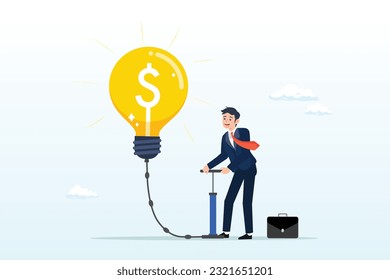 Businessman pump air inflate in big light bulb idea, create new idea, creativity, innovation to solve problem, idea development or invention, imagination or motivation to think about solution (Vector)