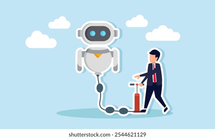 hombre de negocios bombeando un robot de IA como repostaje, ilustración de completar Instrucciones de IA como base de datos para hacer que la IA sea más inteligente en la gestión de negocios