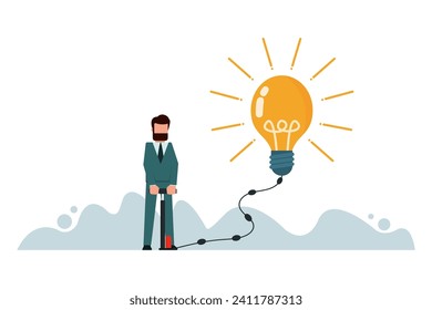 Businessman pumping air into an idea bulb or idea to make it bigger. Generating new and creative ideas. Developing an idea or invention. Increasing the potential of thinking to improve business.
