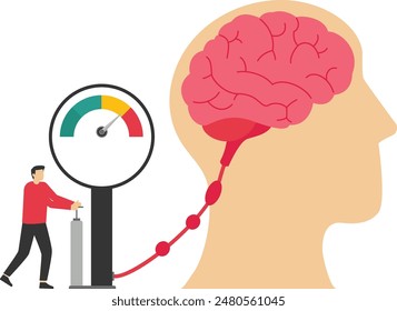 Un hombre de negocios está bombeando el signo del cerebro del globo en el diseño plano de la Ilustración vectorial del Vector humano de la cabeza grande

