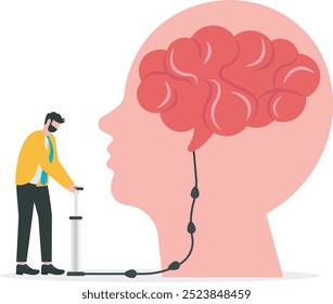 Un hombre de negocios está bombeando el signo cerebral del globo en el diseño plano de la Ilustración vectorial del Vector humano de la cabeza grande

