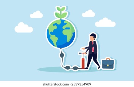 A businessman pumping a globe with green plants, illustration of efforts to sustain a business that recognizes the importance of going green