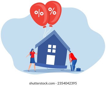  A businessman is pumping real estate or housing  for growth finance interest rate price rising up concept  vector illustrator. 