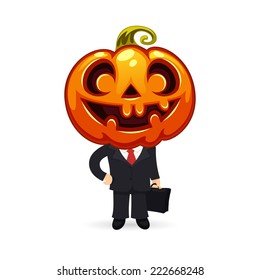 Businessman With Pumpkin on a Head. Isolated on White Background. In the EPS file, each element is grouped separately.