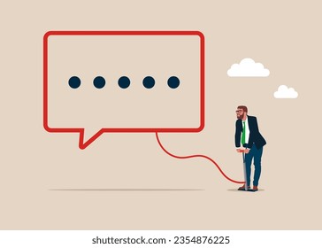 Businessman pumps up a balloon of a bubble sign. Art corporate communication between coworkers, manager and team.  Flat vector illustration.