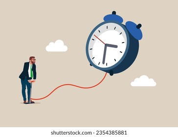 Businessman pumps up a balloon of a clock sign. 24-7 support service,  working hours.  Flat vector illustration.