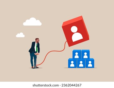 Businessman pumps up a balloon of a cube block shape floats higher. Thinking with big with employee recruitment.  