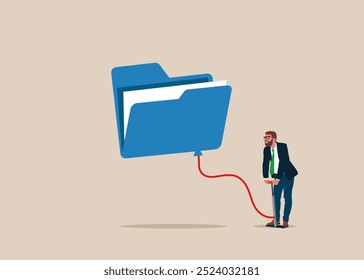 Businessman pumps up a balloon of files folder. Archive document to be index. Modern vector illustration in flat style