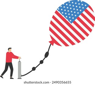 Businessman pumps up a balloon of a flag United State of America floats higher. Vector illustration

