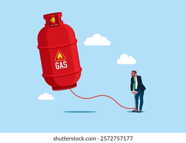 Businessman pumps up a balloon of a gas cylinder. Gas price soaring sky high hit new high record concept. Inflation, price rise, money value decrease. Flat vector illustration.