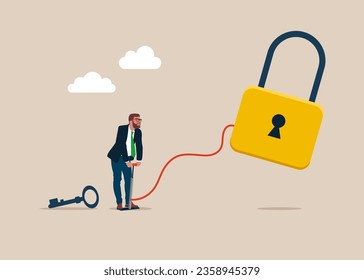 Businessman pumps up a balloon of a lock shape floats higher. Unlock business accessibility. Solve business problem, to give solutions. Vector illustration.
